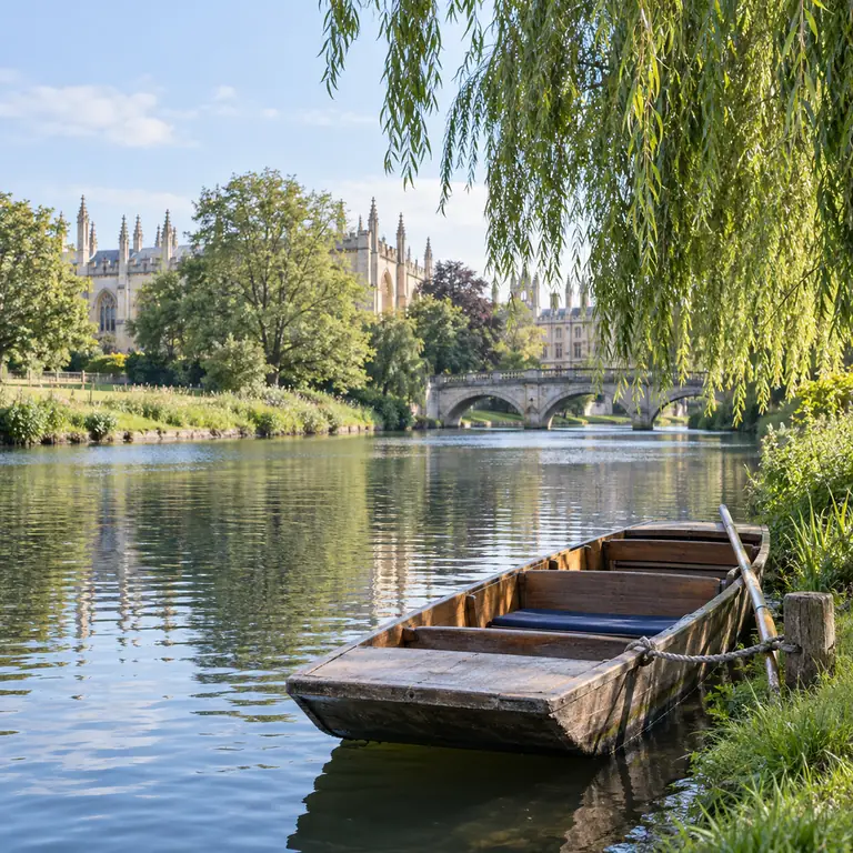 Ahşap bir punt teknesi, Cambridge’de sakin nehrin kıyısındaki söğüt ağaçlarının yanında bağlı duruyor.