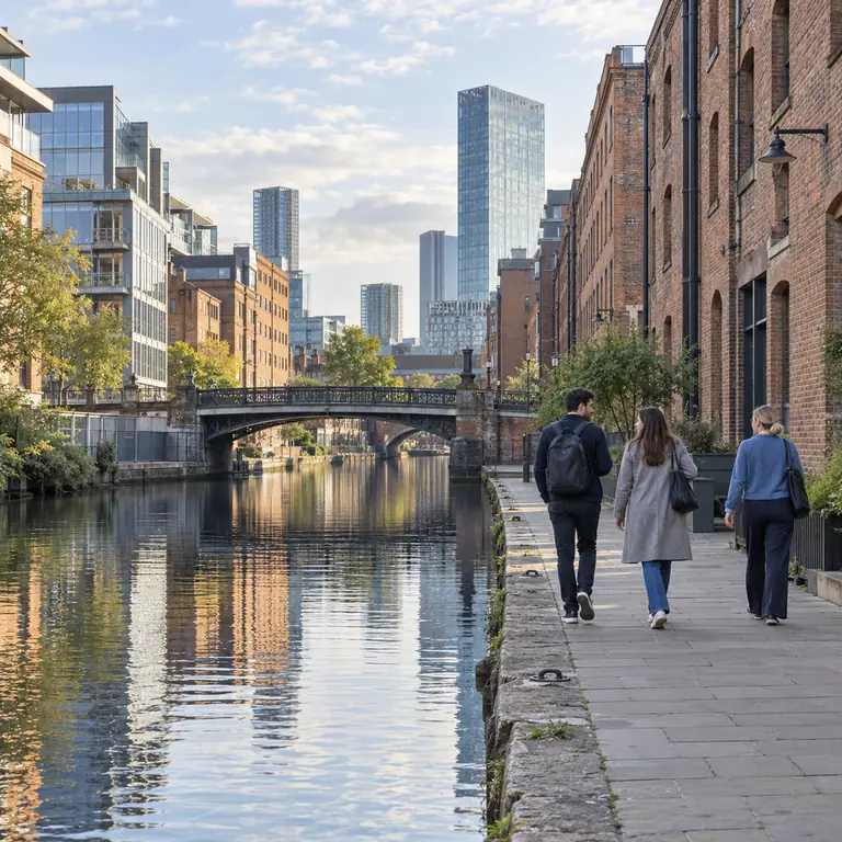 İnsanlar Manchester’da tuğla depolar ile modern cam binalar arasındaki kanalın yanında yürüyor.