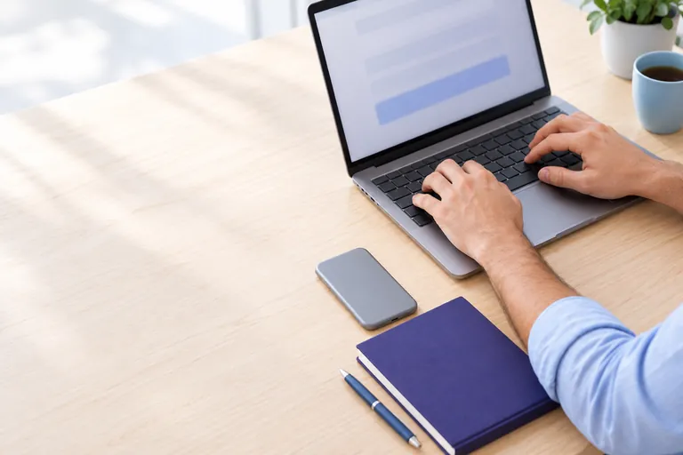 Eller, açık renk ahşap masada defter, kalem ve yüzüstü duran telefonun yanındaki laptopta yazı yazıyor.