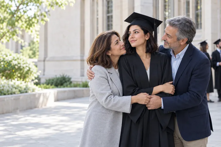 Siyah cübbe ve kep giymiş bir mezun, taş bir binanın önünde anne ve babasına sarılıyor.